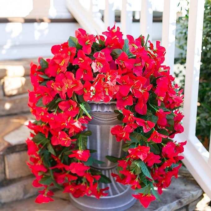 Faux Bougainvillea Artificial Flowers Plants for Outdoor Outside Decoration, 2 PCS Red Fake Flowers UV Resistant Look Real Silk Long Trailing Vines for Front Door Porch Planter Urn Patio Garden Yard-Ruum Studio Home