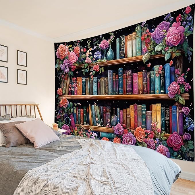 HVEST Bookshelf Wall Tapestry Pink Floral Green Leaf Watercolor Plant Botanical Aesthetic Tapestry Wall Hanging Vintage Library Book Tapestries for Bedroom Living Room Dorm, 70.9L x 92.5W Inches-Ruum Studio Home