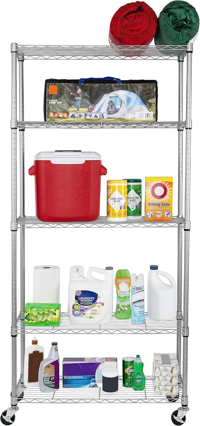Seville Classics UltraDurable Heavy Duty NSF Solid Steel Wire Rack Storage Unit, Organizer for Garage, Warehouse, Office, Restaurant, Classroom, Kitchen, Silver, 5-Tier Shelving, 36" W x 14" D-Ruum Studio Home