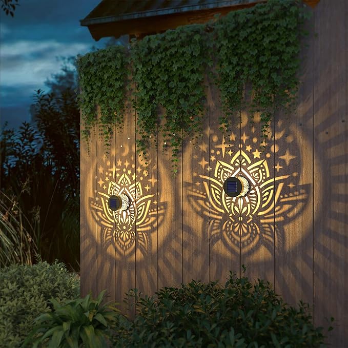 4 Pack Solar Fence Lights Metal Solar Powered Outdoor Wall Deck Lights Lotus Theme Waterproof Fence Light for Garden Post Patio Backyard Yard Decor (Lotus, 4 Pack)-Ruum Studio Home