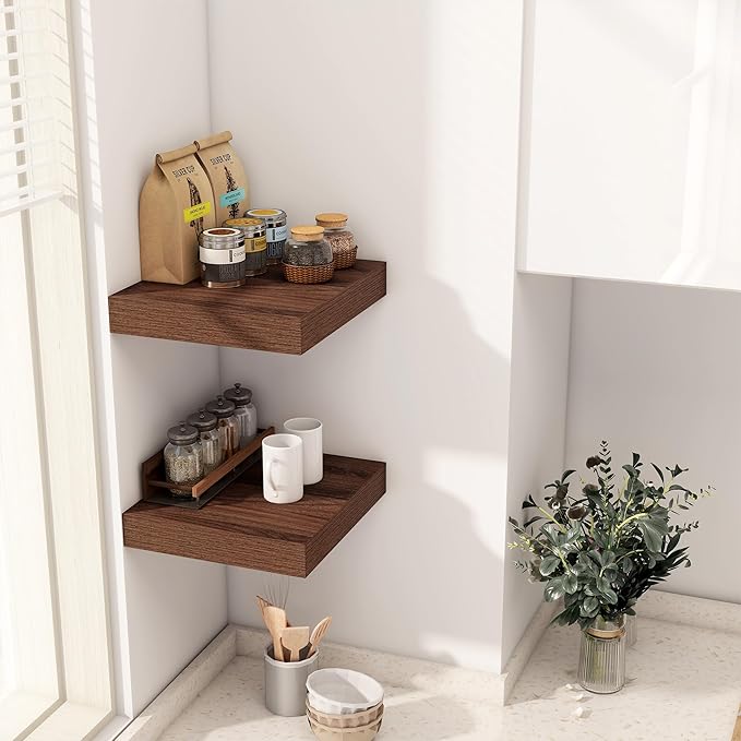 Fun Memories 12 Inch Floating Shelf, Rustic Wood Wall Shelves for Wall Decor & Storage, 12 x 12 Floating Shelf for Living Room, Bathroom, Bedroom, Walnut, Set of 2-Ruum Studio Home