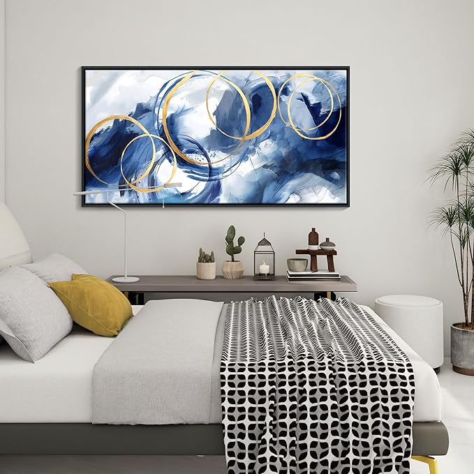Framed Abstract Wall Art Blue Modern Art Wall Decor Artwork For Living Room Huge Wall Canvas Office Pictures For Navy Gold Modern Decorations For Bedroom Size 24x48in-Ruum Studio Home