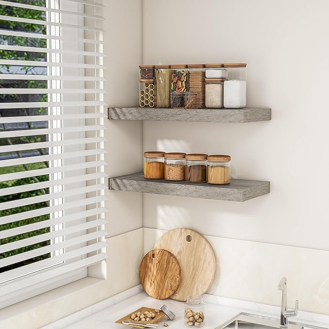 RICHFOCUS 24Inch Floating Shelves for Wall 2 Pack Shelves for Bedroom|Kitchen|Bathroom Wall Mounted Rustic Wood Floating Shelf with Invisible Brackets for Books|Storage|Decor, Grey-Ruum Studio Home