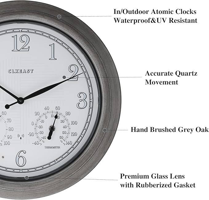 CLXEAST 18 Inch Farmhouse Illuminated Outdoor Atomic Wall Clock with Thermometer & Hygrometer Combo, Night Lighted Wall Clock with Smart Sensor, Weather Stations,Brushed Grey Oak Finish-Ruum Studio Home
