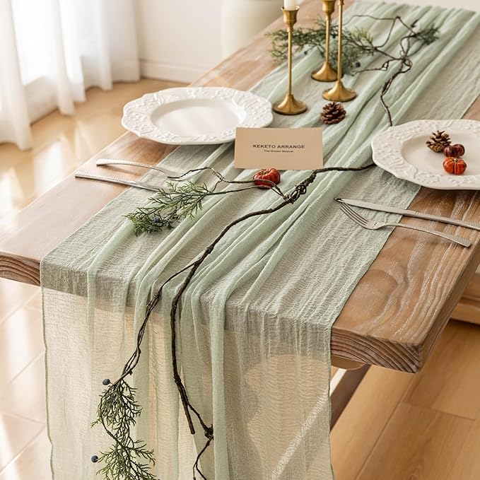 Keketo Sage Green Table Runner Cheesecloth 120 Inch 10 FT Rustic Boho Cheese Cloth Table Runner for Wedding Baby Shower Bridal Shower Sheer Gauze Centerpiece Home Decorations-Ruum Studio Home