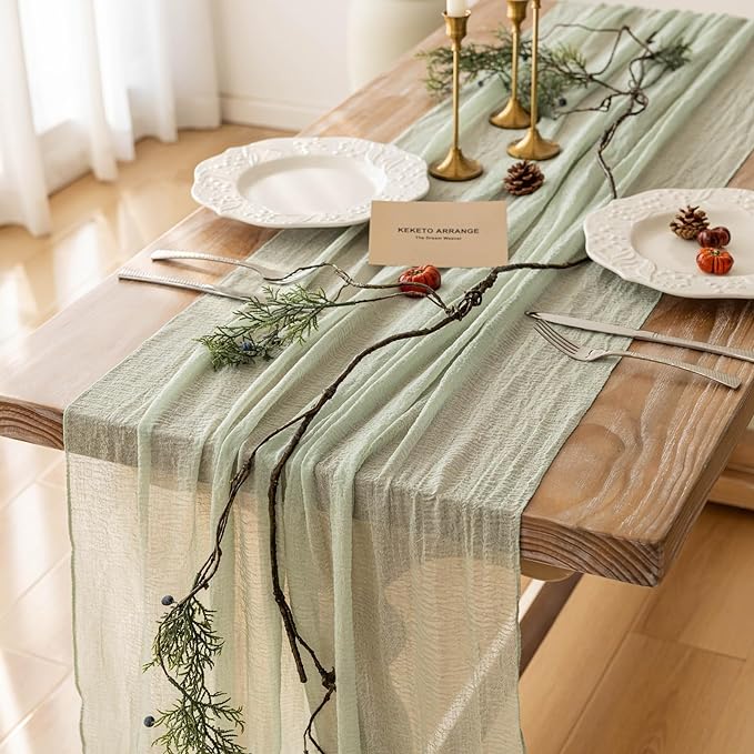 6pcs Cheesecloth Table Runner Sage Green Gauze 120 Inch 10 FT Rustic Boho Cheese Cloth Runner for Wedding Baby Shower Bridal Shower Party Long Sheer Centerpiece Home Decoration-Ruum Studio Home