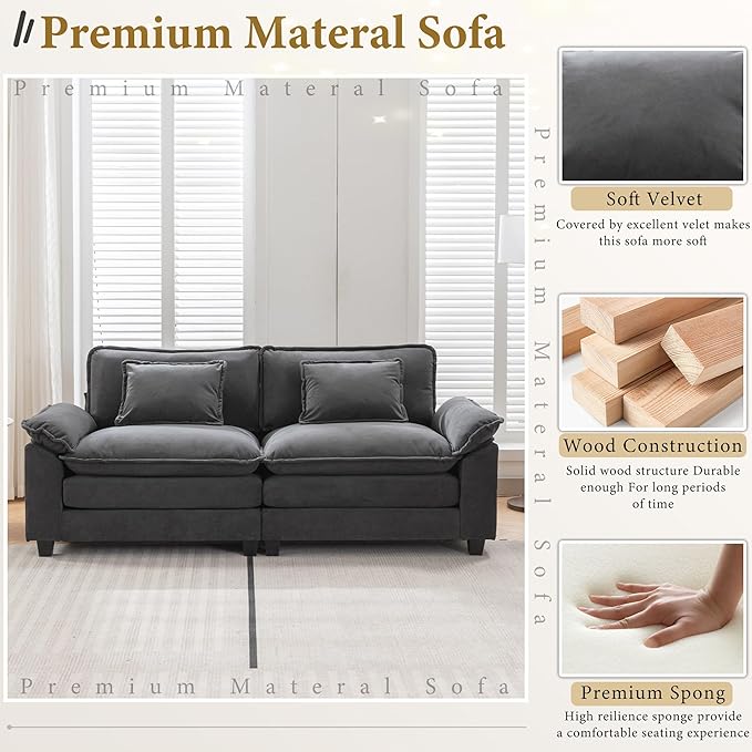 URRED Modular Sectional Sofa Comfy Cloud Couch, Modern Velvet Sofa Sleeper Deep Seat Couches with Ottoman/Pillows for Living Room (Dark Gray, 82.6'')-Ruum Studio Home