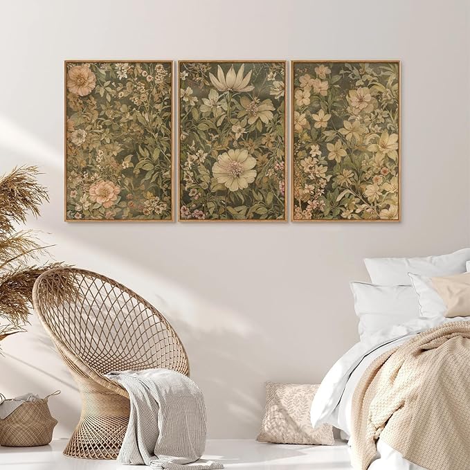SIGNINART Vintage Floral Framed Canvas Wall Art Set of 3, Mid Century Modern Wildflower Wall Decor, Neutral Botanical Artwork, Retro Plant Art Prints for Bedroom, Living Room, Office 16"x24"-Ruum Studio Home