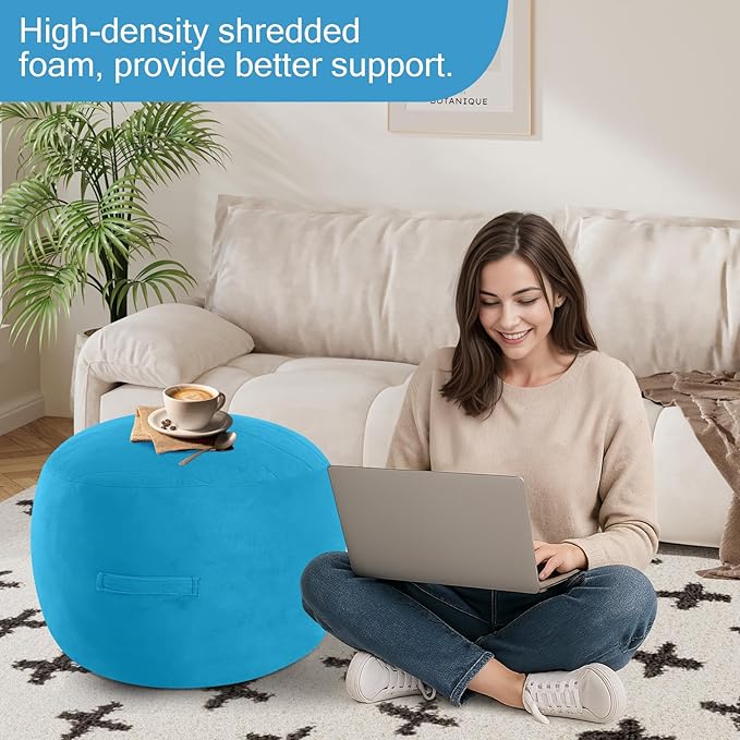 MeMoreCool Round Stuffed Pouf Ottoman Foot Rest, Floor Pouf Foot Stool with Soft Foam Chunk Filling, Small Round Ottoman Footstool Circle Footrest for Living Room, Blue-Ruum Studio Home