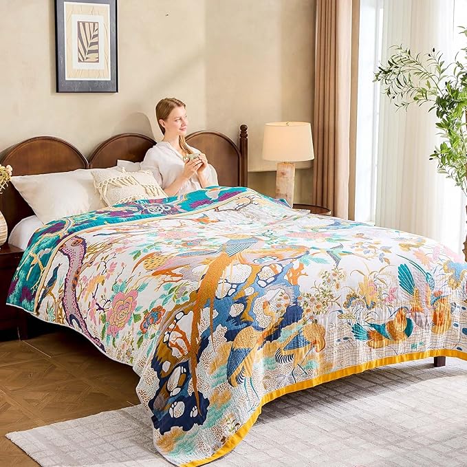Fall Throw Blanket for Couch, Yellow Boho Decorative Throw Blanket, 100% Cotton Muslin Breathable Woven Farmhouse Blankets Quilt, 60"x80" Reversible Lightweight Blankets Bohemian Throw Quilt-Ruum Studio Home