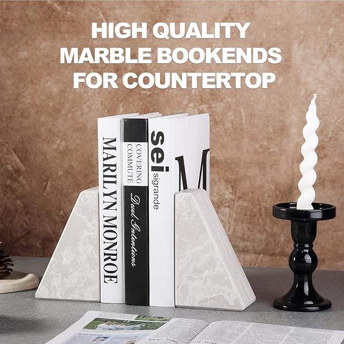 Marble Bookends for Heavy Books, Decorative Book Ends for Shelves, Durable and Heavy-Duty Bookends for Hardback Book & CDS, Off-White Unique Books Stopper & Holder, Set of 2-Ruum Studio Home