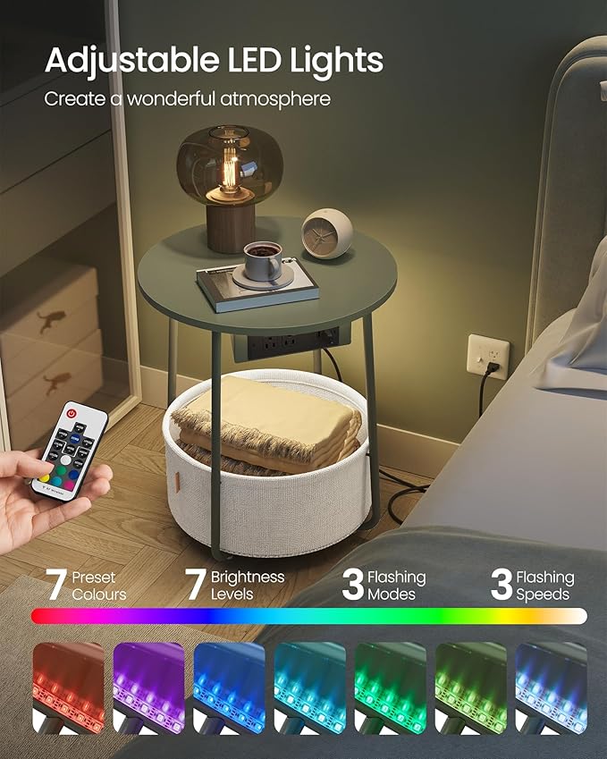 VASAGLE Side Table with Charging Station, Round End Table with Fabric Basket, LED Nightstand with Power Outlets, USB Ports, for Living Room, Bedroom, Modern, Forest Green and Cream White ULET227C01-Ruum Studio Home