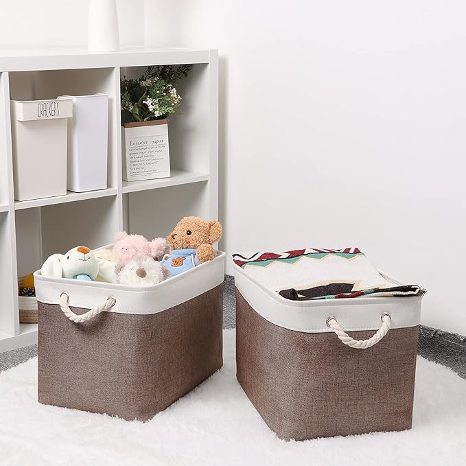 Bidtakay Large Storage Baskets with Handles for Organizing 16" x 11.8" x 11.8" Rustic Shelf Baskets [2-Pack] Foldable Clothes Baskets Fabric Collapsible Bins for Closet (White&Earthy Brown)-Ruum Studio Home