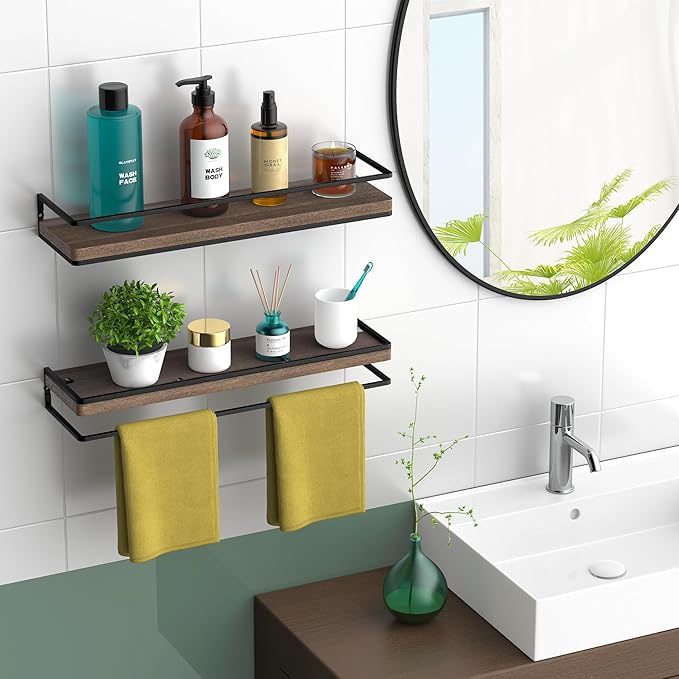 Meangood Floating Shelves Wall Mounted Set of 2, Rustic Wood Wall Storage Shelves for Bedroom,Living Room,Bathroom, Kitchen Brown-Ruum Studio Home