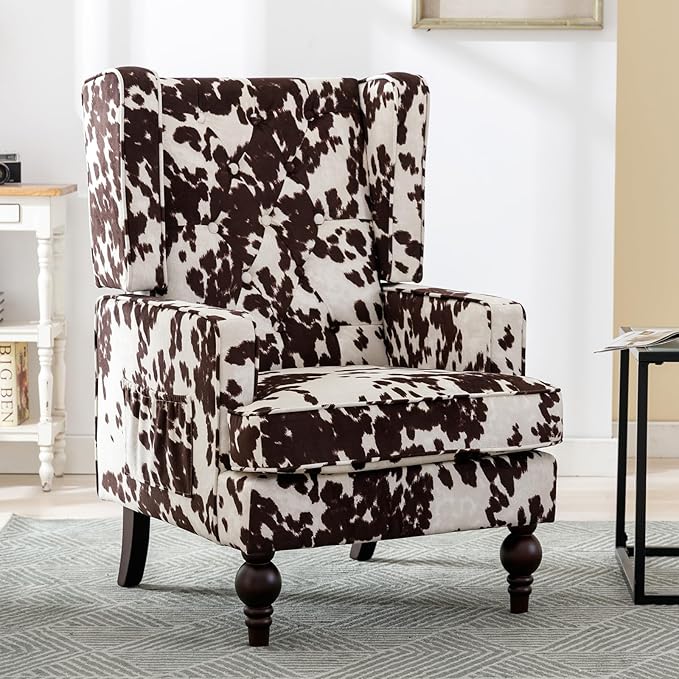 DUOMAY Tufted Accent Chair, Modern Upholstered Wingback Side Arm Chair for Living Room Bedroom with Wood Legs, Comfy Reading Guest Chair for Office, Milk Cow/Brown-Ruum Studio Home