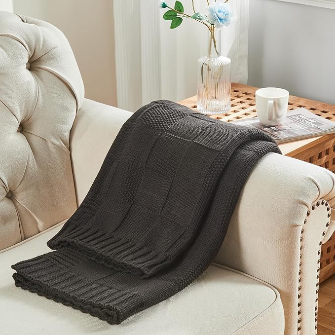 CozeCube Check Knit Throw Blanket, Jet Black Checkered Throw for Couch, Decorative Christmas Soft Cozy Warm Knitted Blanket for Bed Sofa Living Room, 50"X60"-Ruum Studio Home