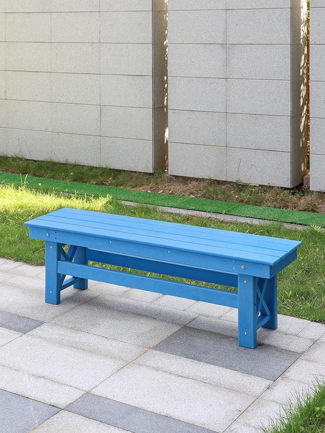 HDPE Outdoor Bench, 55" Patio Bench Outdoor Furniture, Poly Lumber Adirondack Benches, All Weather HDPE Patio Garden Backless Benches for Park, Poolside, Deck, Porch, Sky Blue-Ruum Studio Home