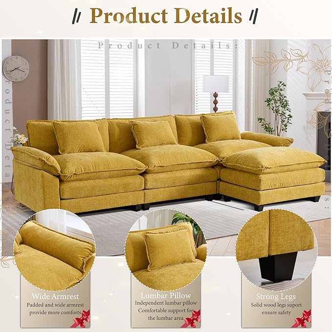 URRED Modular Sectional Sofa Comfy Cloud Couch, Modern Chenille Sofa Sleeper Deep Seat Couches with Ottoman/Pillows for Living Room (Yellow, 117''- L Shape)-Ruum Studio Home