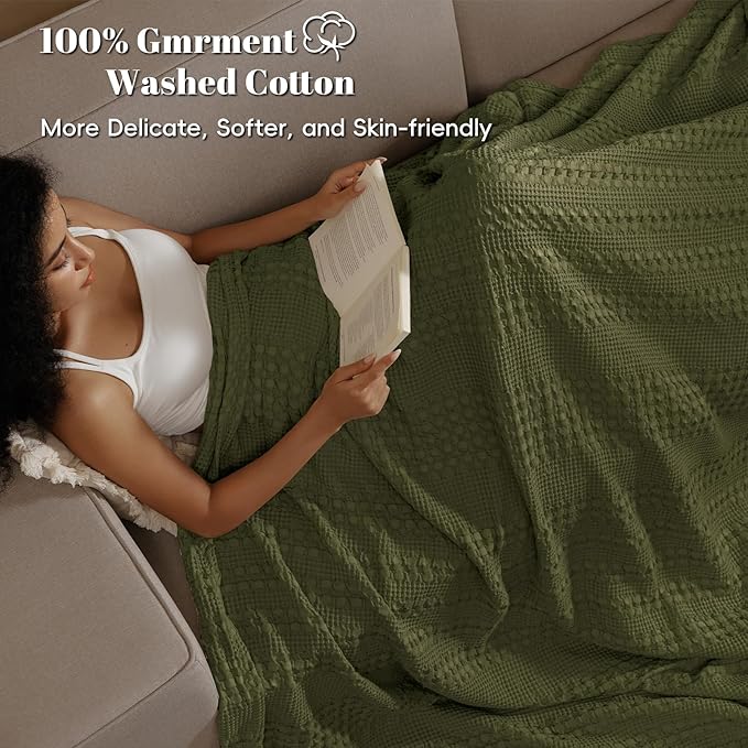 PHF 100% Cotton Waffle Weave Blanket King Size, Soft Lightweight Breathable Cozy Summer Blankets for Bed, Luxury Aesthetic Woven Bedding for Home Decor, 108"x90", Capulet Olive-Ruum Studio Home