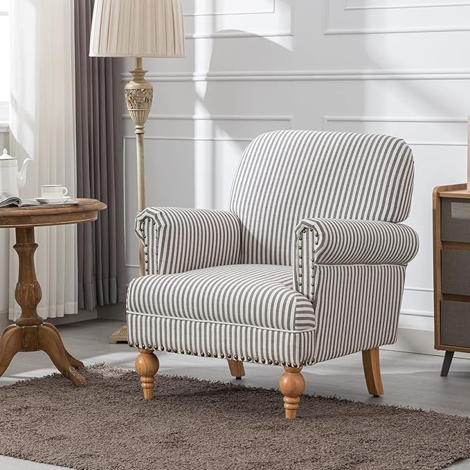 chairus Linen Accent Chair for Living Room Set of 2 Upholstered Mid Century Modern Single Sofa Chair with Solid Wood Legs Comfy Reading Armchair for Bedroom/Office Room/Recption/Lounge, Black Stripe-Ruum Studio Home