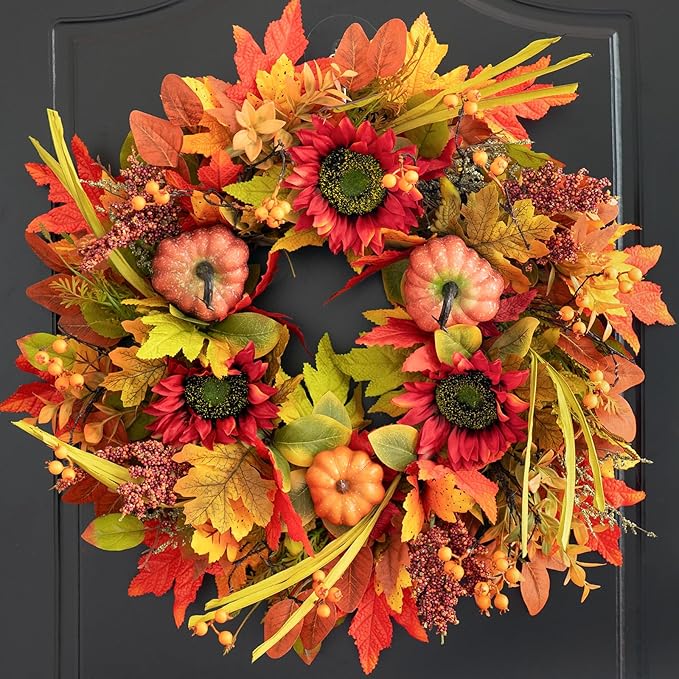 Fall Wreaths for Front Door 24 Inch- Full&Realistic Autumn Maple Leaves Wreath,Large Fall Door Wreath with Sunflower,Pumpkin,Berries for Thanksgiving Harvest Festival Decorations-Ruum Studio Home