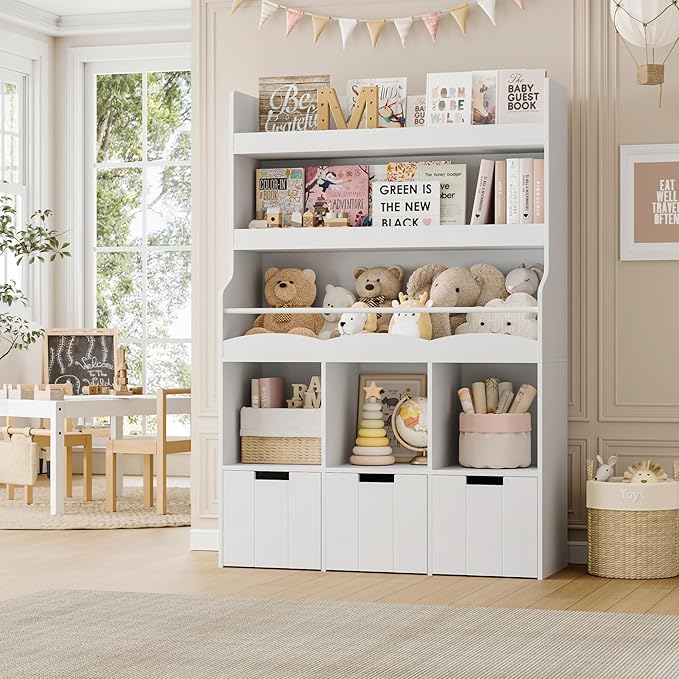 HITHOS 55.3" H Kids Bookshelf with Toy Storage Organizer, Tall Book Shelf with 3 Movable Toy Storage Bins, Large Kids Bookcase with Toy Chest, 39.2" W Modern Toy Box for Kid Room, Playroom, White-Ruum Studio Home