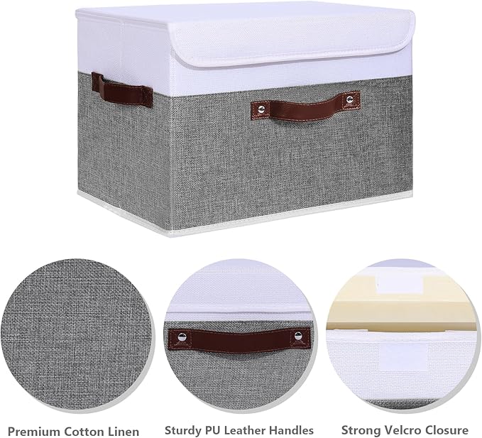 ANMINY 4PCS Storage Boxes with Lid Washable Decorative Storage Bins Basket with PU Leather Handle Foldable Linen Fabric Storage Cubes Containers for Home Closet Organizer - Gray White, Large Size-Ruum Studio Home