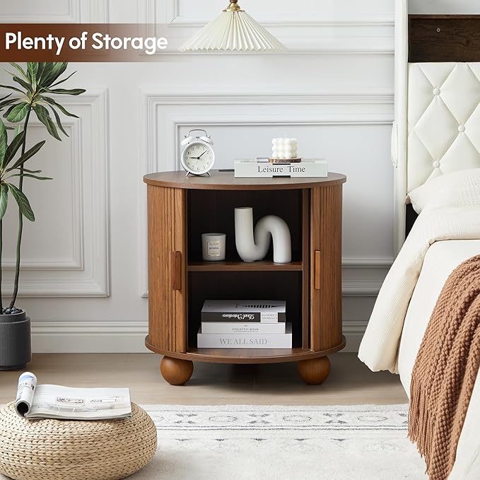 Farmhouse Round End Table with Charging Station, 24" Large Fluted Sofa Side Table with Sliding Tambour Door & Storage, Mid-Century Wood Nightstand for Living Room, Bedroom (Walnut)-Ruum Studio Home