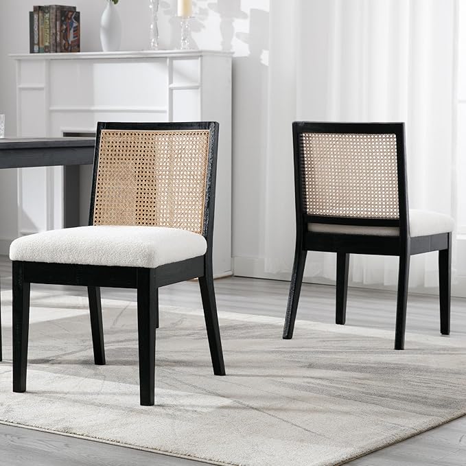 VESCASA Upholstered Dining Chairs with Square Rattan Back, Armless Padded Sherpa Fleece Cushion Dining Chairs with Wood Legs for Dining Room, Kitchen, Set of 6, Black Frame-Ruum Studio Home