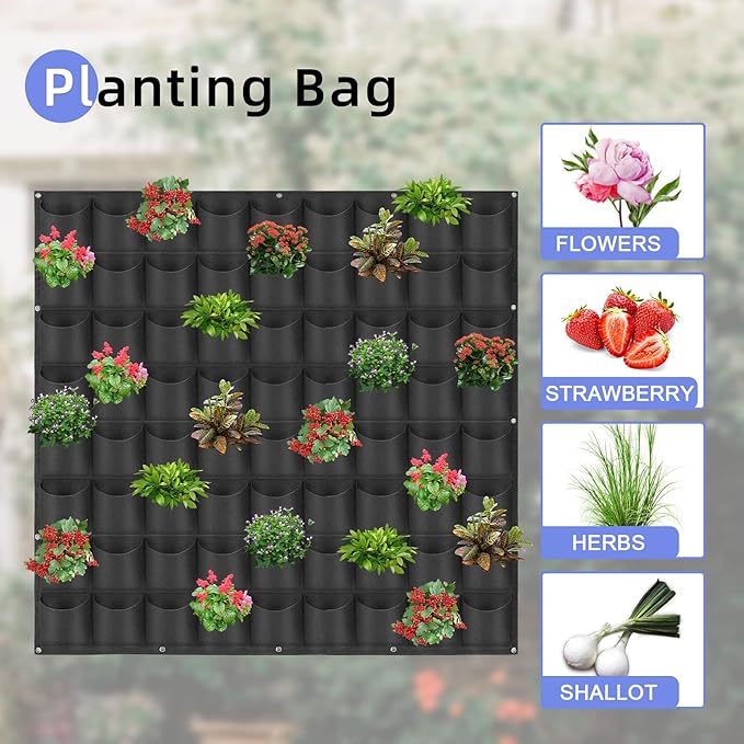 72 Pockets Hanging Planter Bags, Hanging Vertical Wall Mounted Plant Planting Grow Bags, Herb Garden Planter Outdoor Indoor Growing Bag, Gardening Vertical Greening Flower Container(1m×1m, Black)-Ruum Studio Home