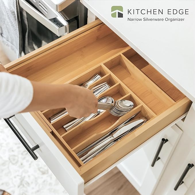 Premium Silverware, Flatware and Utensil Organizer for Kitchen Drawers, Food-Safe Contract Grade, Expandable from 10.5 to 19 In, Natural Bamboo-Ruum Studio Home
