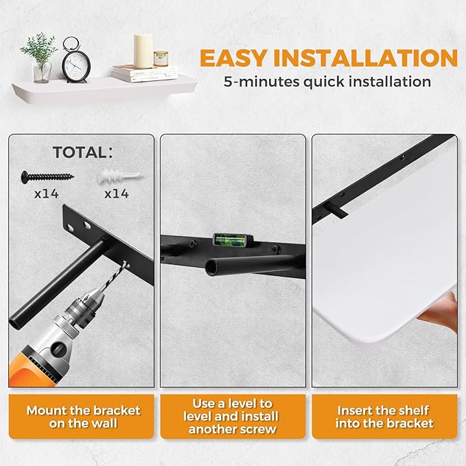 24"x6.8"x1.6" Slanted Floating Wall Shelves 2-Pack - Rustic White Finish, Heavy-Duty Solid Wood Design with Hidden Brackets - Perfect for Living Room, Kitchen, Bathroom, or Office-Ruum Studio Home