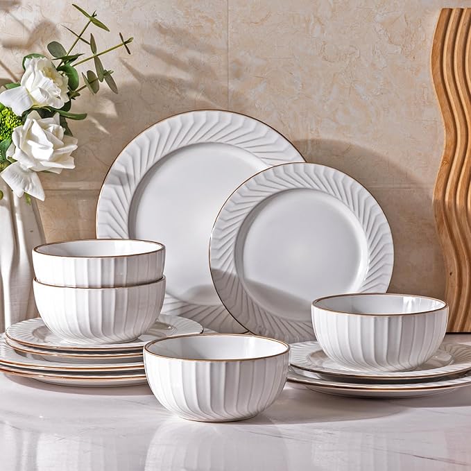GBHOME Ceramic Dinnerware Sets,12 pcs Embossed Elegant Stoneware Plates and Bowls Sets, Housewarming Wedding Gift | Dishwasher & Microwave Safe | Dishes Set Service for 4-Ruum Studio Home