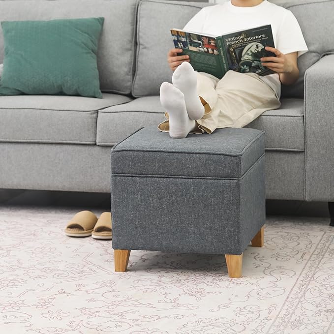 Adeco 17.5" Square Fabric Ottoman with Storage, Upholstered Cotton Linen Foot Rest, Flip Top Footstool, Small Cube Coffee Table Extra Seat for Living Room, Bedroom, Grey with Burlywood Legs-Ruum Studio Home
