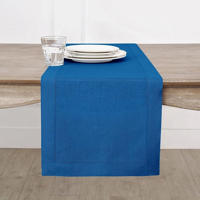 Solino Home Linen Table Runner 108 Inches Long - 100% Pure Linen Indigo Blue Table Runner 14 x 108 Inch for Fall, Autumn - Classic Hemstitch-Ruum Studio Home