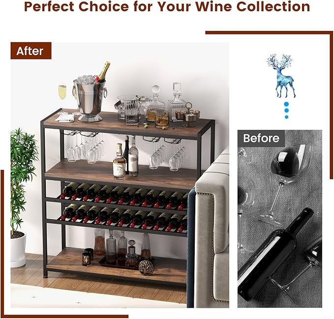 GOFLAME Industrial Wine Rack Table, Wine Bar Cabinet with 2-Tier Wine Rack, 4 Row Glass Holder and Storage Shelves, Freestanding Floor Liquor Storage Stand for Kitchen, Dining Room, Rustic Brown-Ruum Studio Home