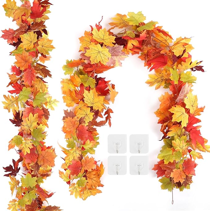Joyhalo 2 Pack Fall Leaves Garland for Mantle, Autumn Leaf Garland Indoor Outdoor Fall Decor, Hanging Maple Leaves for Mantle, Door Frame, Fireplace and Thanksgiving Decor-Ruum Studio Home