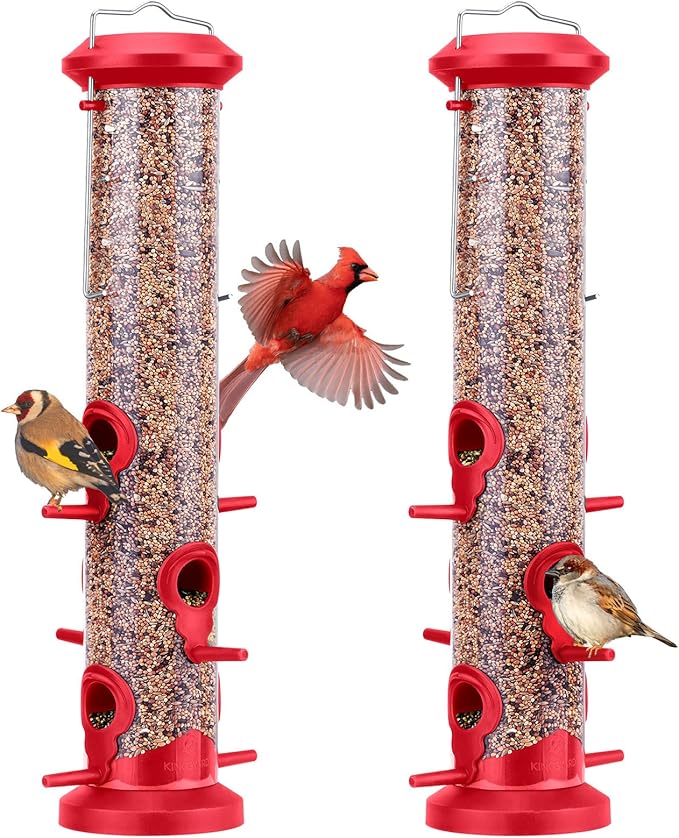 Kingsyard 2 Pack Tube Bird Feeders for Outdoors Hanging, Premium Hard Plastic Bird Feeder with 6 Feeding Ports, Weatherproof & Steel Hanger, Attracting for Wild Birds (Red)-Ruum Studio Home