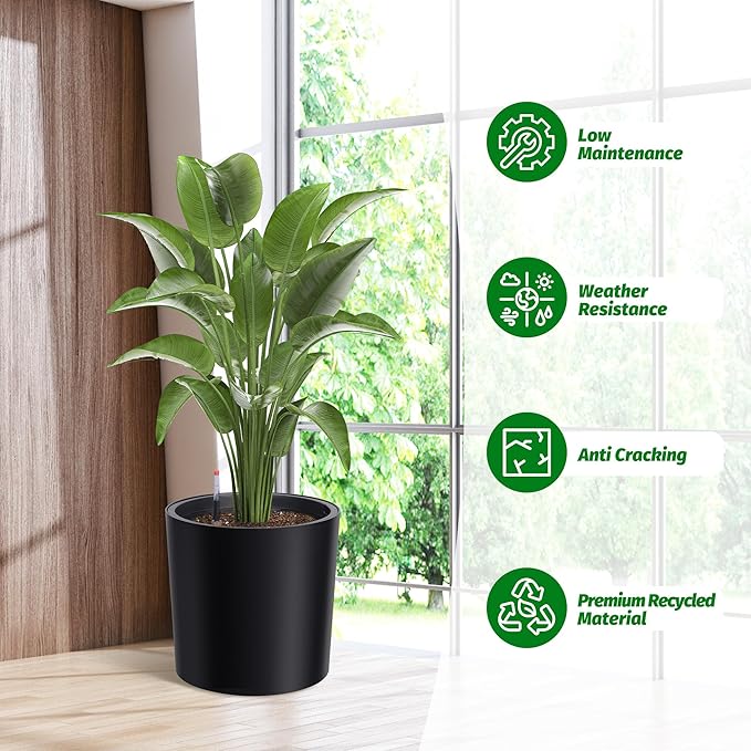 Tall Round Planter Set of 2, 19.5‘’ H x 19.9" Dia Large Planters for Indoor Plants with Built-in Drainage and a Water Level Monitor and Wheels for Patio, Porch, Living Room, or Home Office, Black-Ruum Studio Home