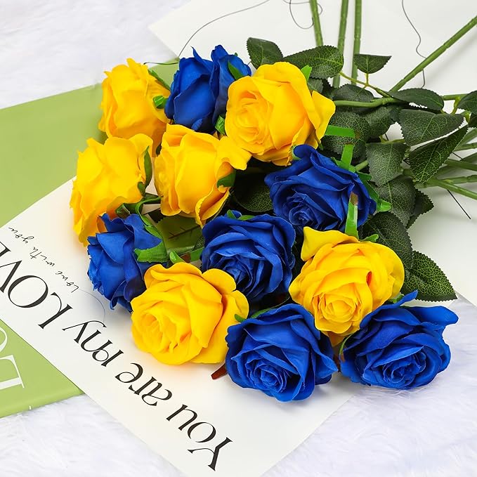 Blue Fake Roses Artificial Flowers - 16 Pcs Fake Artificial Roses Silk Flowers with Stems for Home Wedding Hotel Office Centerpiece Decor-Ruum Studio Home