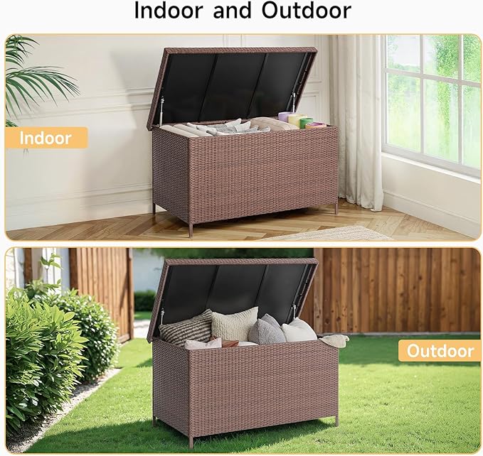 158 Gallon XL Deck Box with Lid, All Weather Wicker Outdoor Storage Box Waterproof, Large Outdoor Patio Storage Bin for Cushions, Garden Tools, Gears, Pool Accessories, Brown-Ruum Studio Home