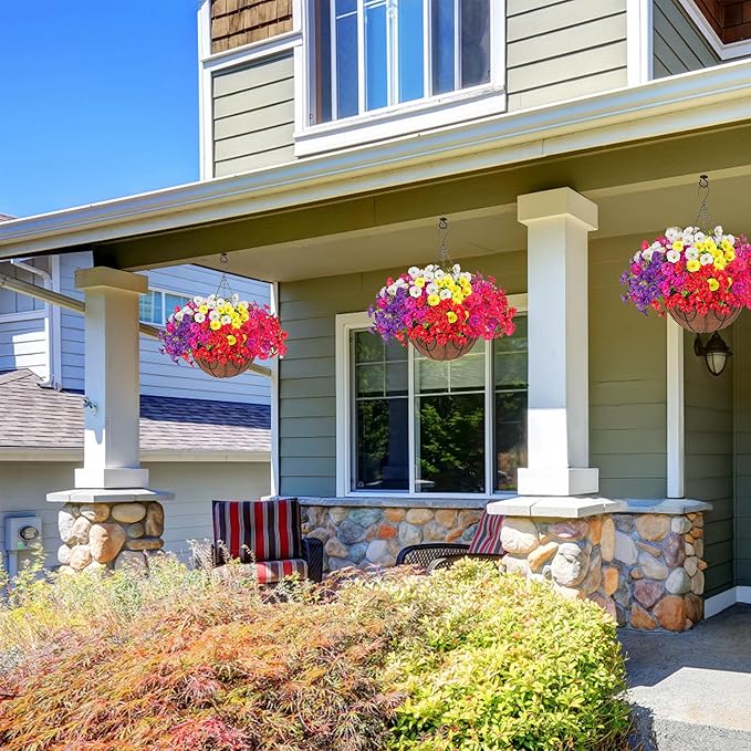 Artificial Faux Hanging Flowers Plants Basket for Outdoors, Silk Morning Glory with Eucalyptus in Planter Look Real UV Resistant Fake Flowers for Porch Outside Patio Balcony Yard Indoor Summer Decor-Ruum Studio Home