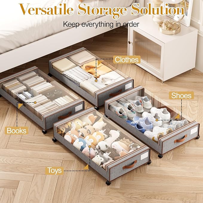 Yecaye Under Bed Storage with Wheels, 2 Pack Under Bed Storage Containers with Clear Lids & Label, XXL Large Lapacity Rolling Under Bed Drawers for Clothes, Shoes, Blankets-Ruum Studio Home