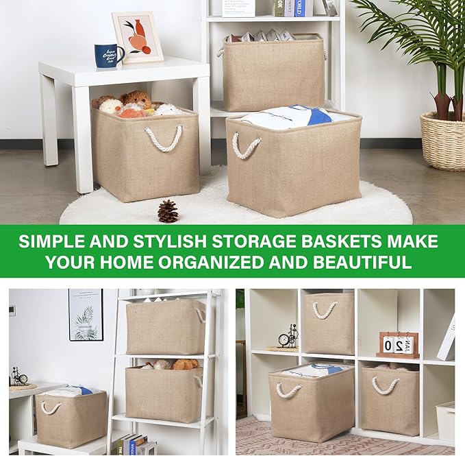 Bidtakay Fabric Storage Baskets for Shelves 3 Pack Large Storage Bins for Organizing Linen Collapsible Organizer for Closet-Flaxen-Ruum Studio Home