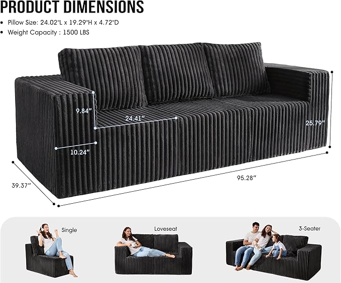 Modular Sectional Sofa 3-Seater Modular Couch with Deep Seat Memory Foam Cloud Chair with Pillows Oversized Sectional Sofa for Living Room Bedroom (Strip Grey, 3-Seater)-Ruum Studio Home
