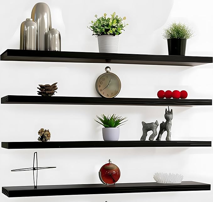Wood Floating Shelves for Wall Decor, Rustic Wall Shelves for Bedroom Bathroom Kitchen Living Room, Set of 4 Black 48 Inch-Ruum Studio Home