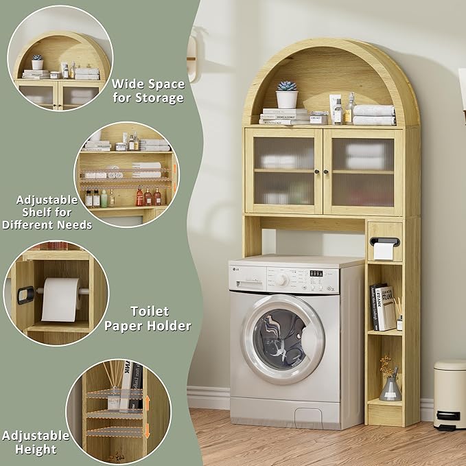 Over The Toilet Storage Cabinet, 31''W Arched Space-Saving Bathroom Organizer with Adjustable Shelf and Acrylic Doors, Freestanding Over Toilet Cabinet for Bathroom, Laundry, Restroom (Oak Wood)-Ruum Studio Home