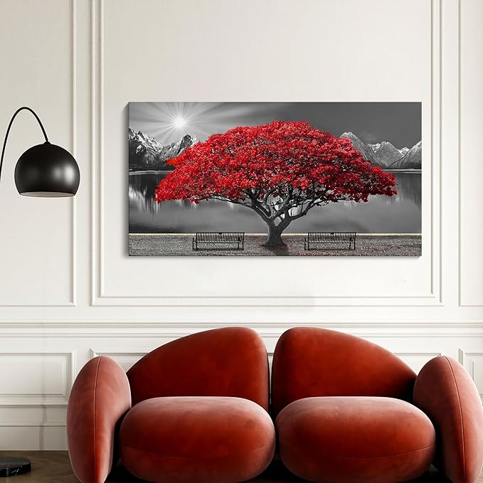 Black and White Red Tree Wall Art Canvas Print Picture Large Red Tree Landscape Modern Artwork for Living Room Bedroom Office Home Wall Decoration Decor With Frame 20x40in-Ruum Studio Home