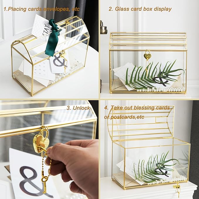 Wedding Card Box with Slot, 12.2'' Large Glass Card Boxes for Reception, Gold Card Holder, Clear Decorative Storage Box with Lock for Baby Shower, Birthday Party, Christmas, Bridal Shower-Ruum Studio Home