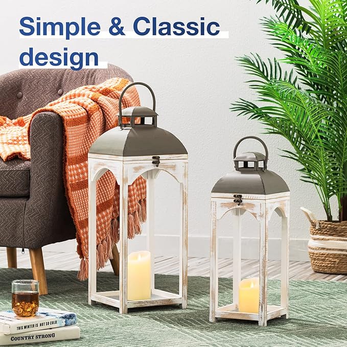 Glitzhome Set of 2 Mondern Farmhouse Wood Metal Lanterns Decorative Candle Lanterns, White (No Glass)-Ruum Studio Home